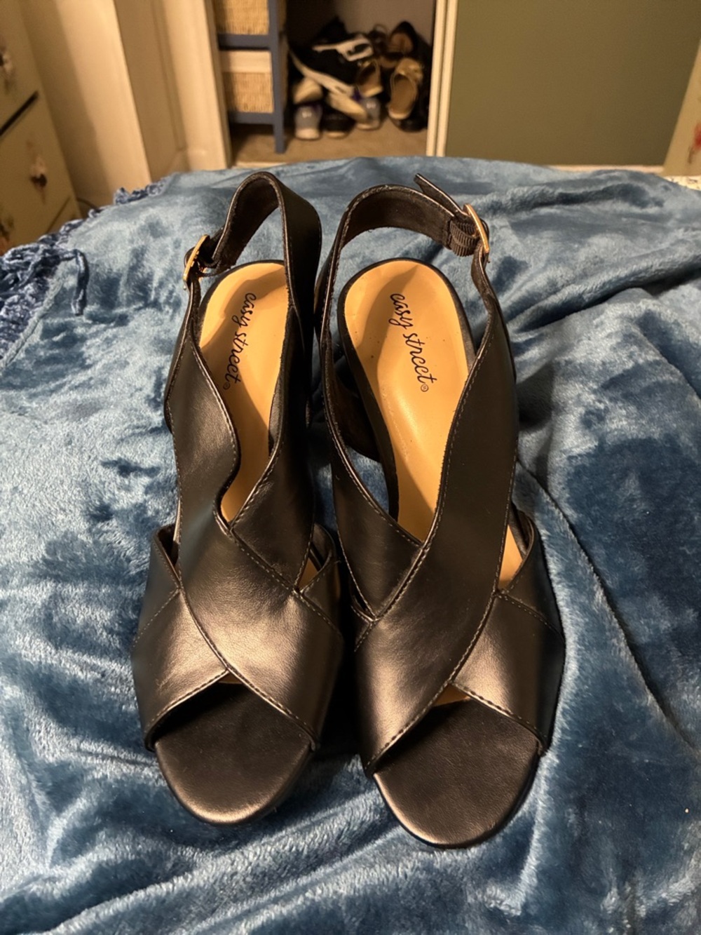 easy street Black Leather Slingback Heels with Crossover Straps